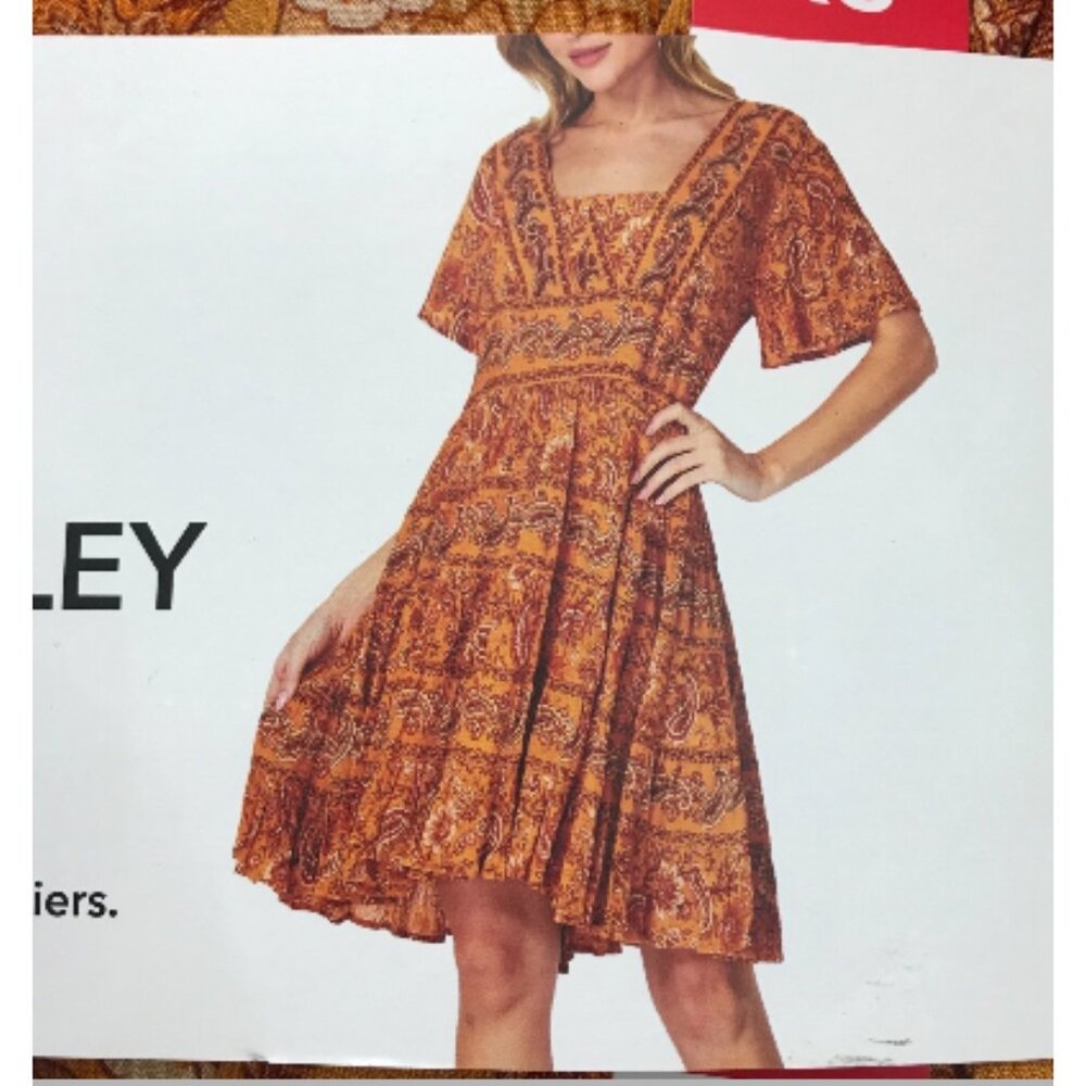 Bila Floral Paisley Short Tiered‎ Dress Women's XL Boho Relaxed Fit Marigold NEW
